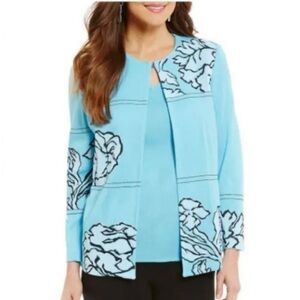 Ming Wang Blue White Jacket Black Sleeve Embroidered Jacket XS New